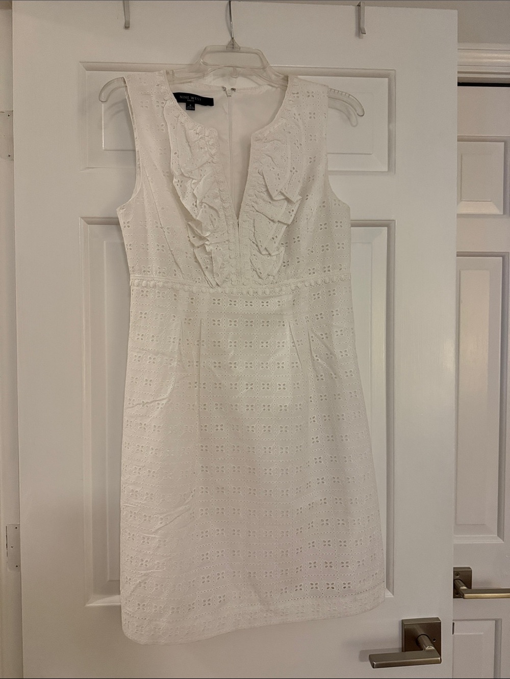 Nine West White Lace Ruffle V-Neck Dress